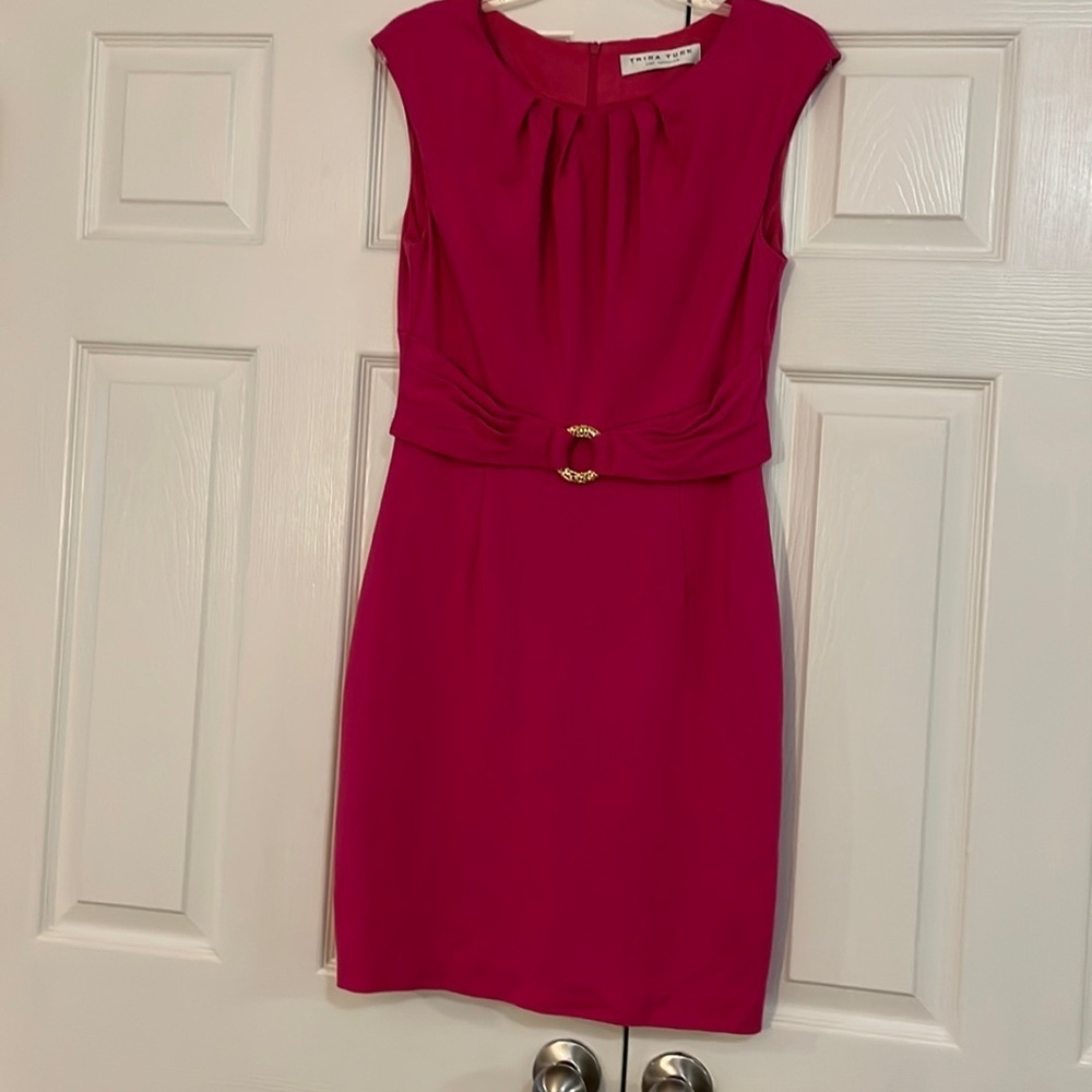Trina Turk Dress deep pink. Gathers at neck. Faux belt. Lined. Size 8?